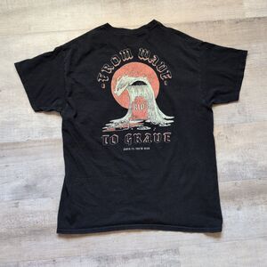 Chomp Mens T-Shirt Sz. L Black  Short Sleeve "From Wave to Grave" Surf Waves